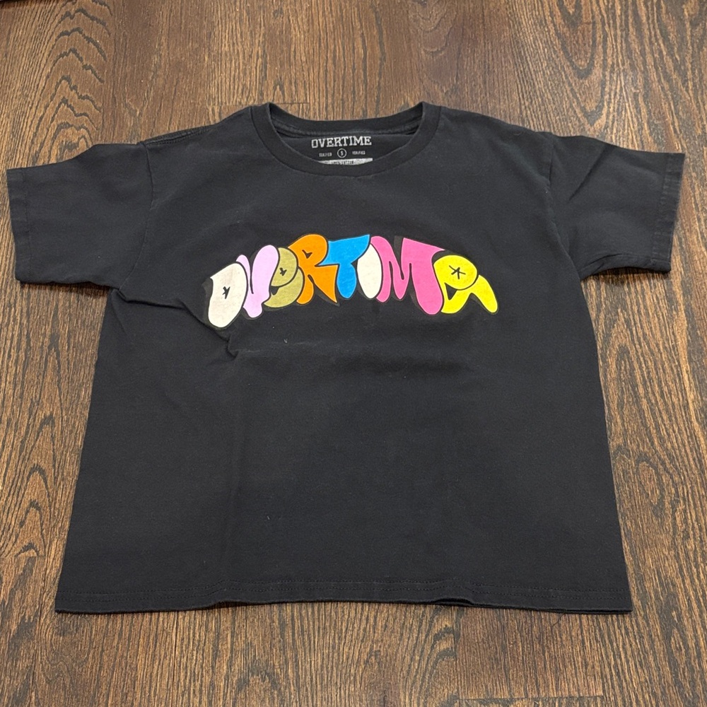 Overtime Boy’s Black Short-Sleeve Tee with Colorful Bubble Logo Size Small
